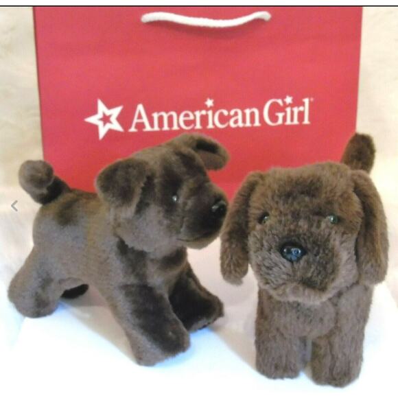 American Girl 2 Pet Dogs CHOCOLATE CHIP + LAB PUPPY Labrador Retriever Plush BAG - Picture 1 of 8